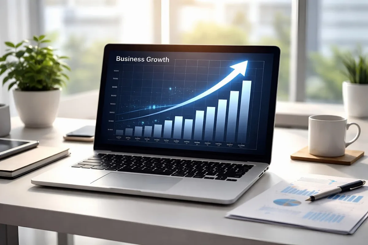 Seorang profesional keuangan melihat grafik metrik kenaikan data di laptop
