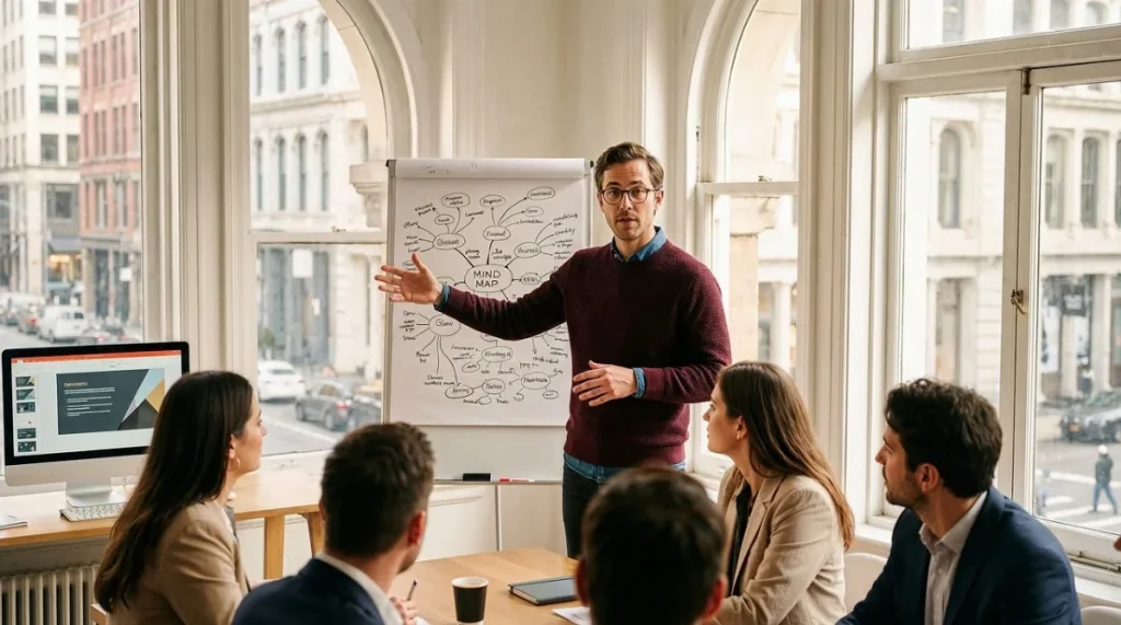Presentasi hasil evaluasi program pelatihan di ruang meeting kantor